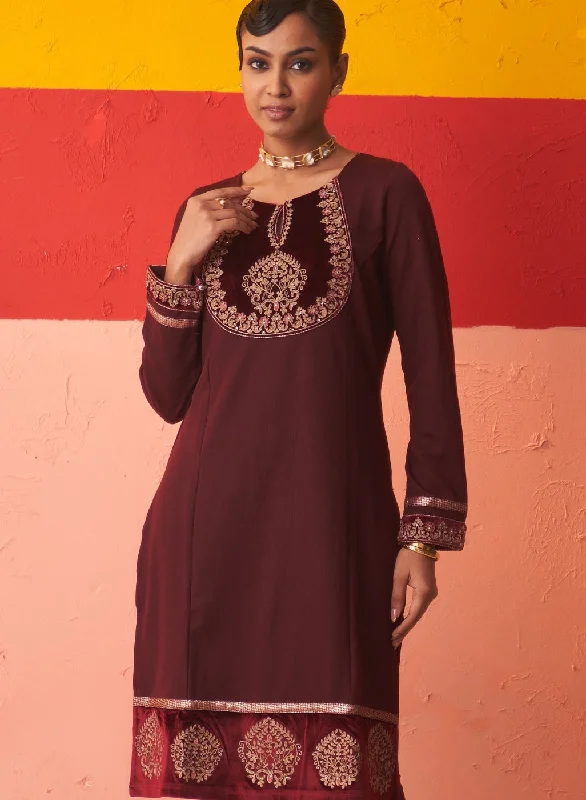 Maroon Women’s Woollen Kurti with Embroidered Yoke and Button Detailing on Cuffs