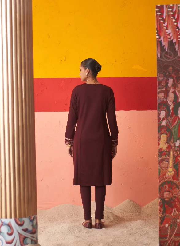 Maroon Women’s Woollen Kurti with Embroidered Yoke and Button Detailing on Cuffs