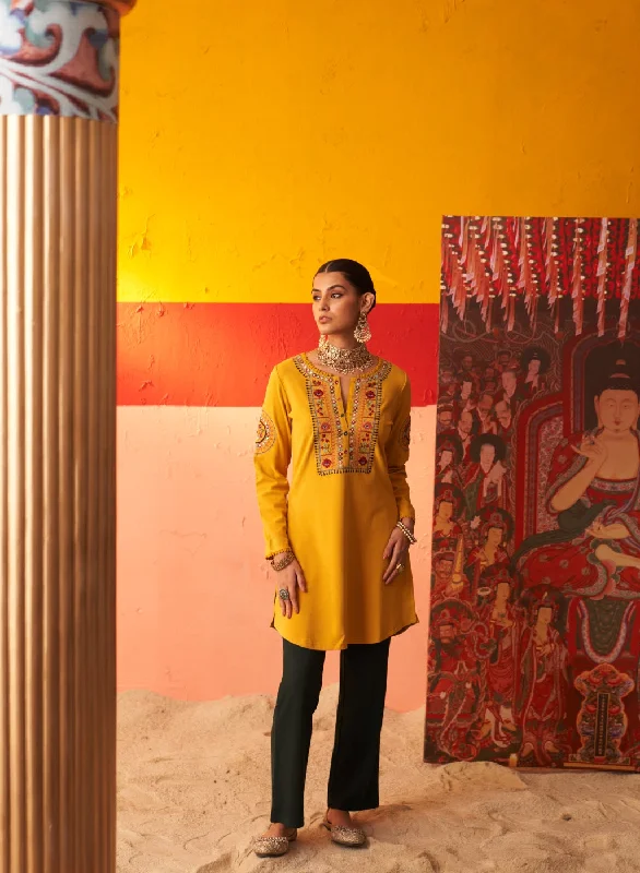 Mustard Embroidered Woollen Kurti for Women with Mirror Work