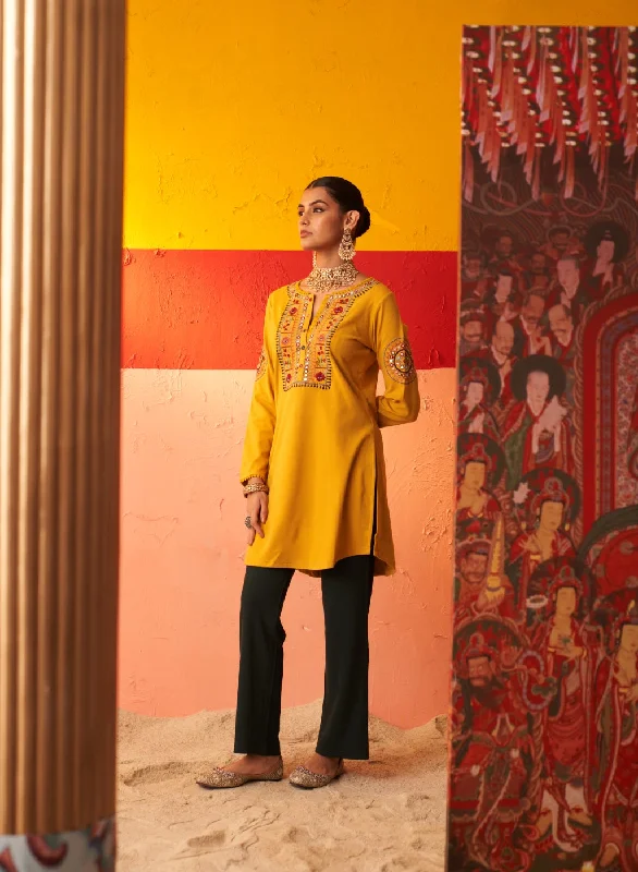 Mustard Embroidered Woollen Kurti for Women with Mirror Work