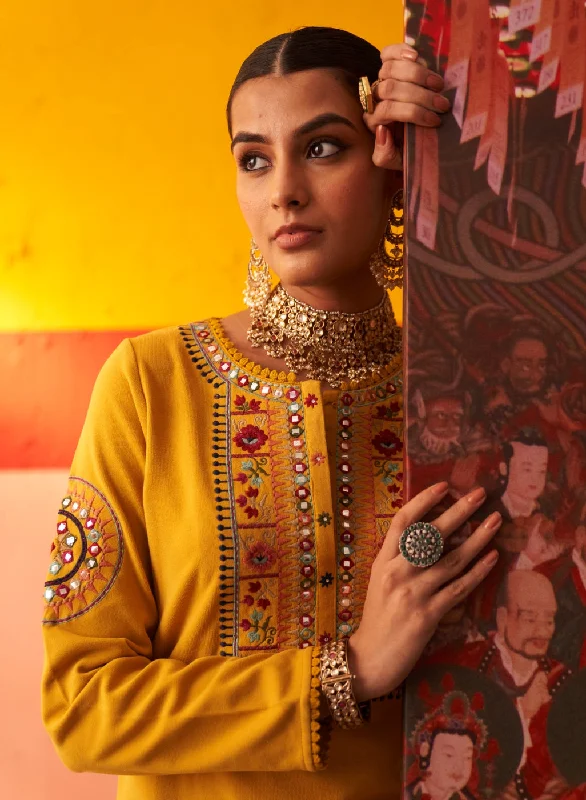 Mustard Embroidered Woollen Kurti for Women with Mirror Work