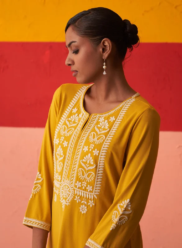 Mustard Kurta for Women with Threadwork and Lace Detailing