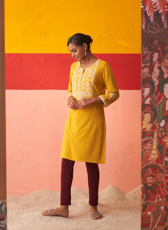 Mustard Kurta for Women with Threadwork and Lace Detailing