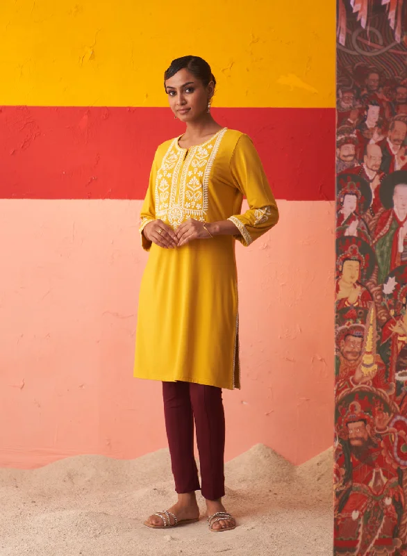 Mustard Kurta for Women with Threadwork and Lace Detailing