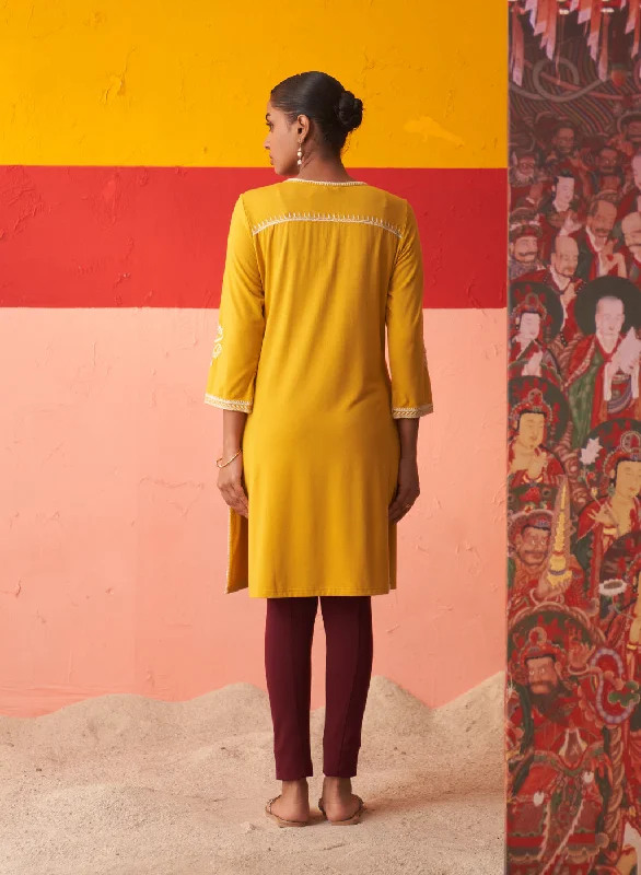 Mustard Kurta for Women with Threadwork and Lace Detailing