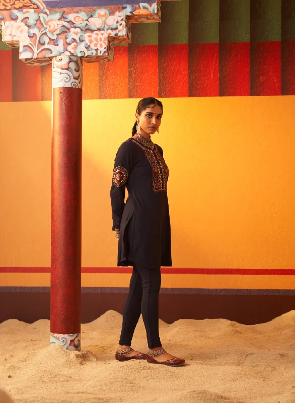 Navy Blue Embroidered Woollen Kurti for Women with Mirror Work