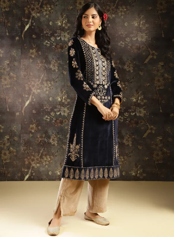 Navy Blue Heavily Embroidered Party-wear Velvet Kurta