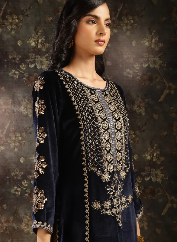 Navy Blue Heavily Embroidered Party-wear Velvet Kurta