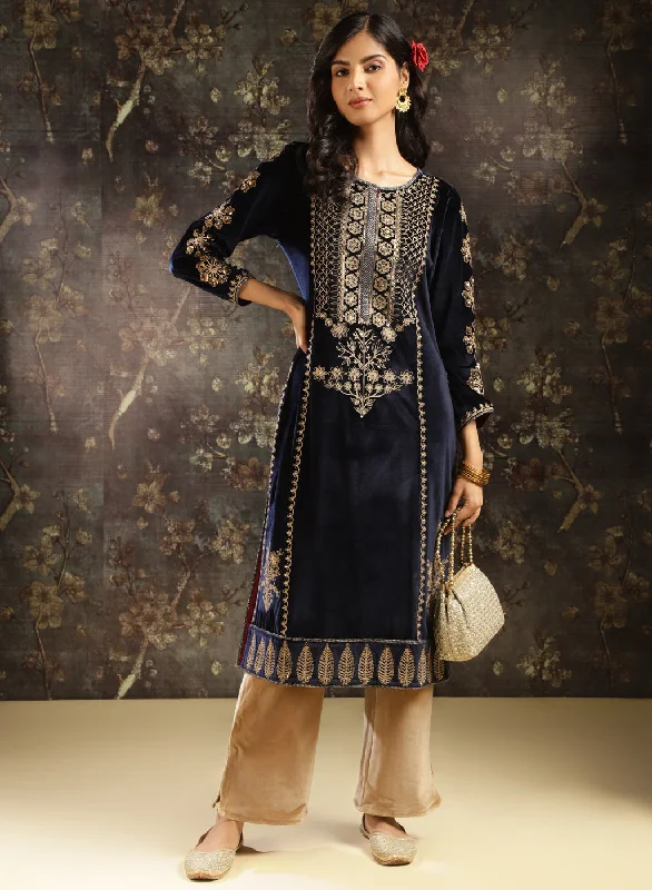 Navy Blue Heavily Embroidered Party-wear Velvet Kurta