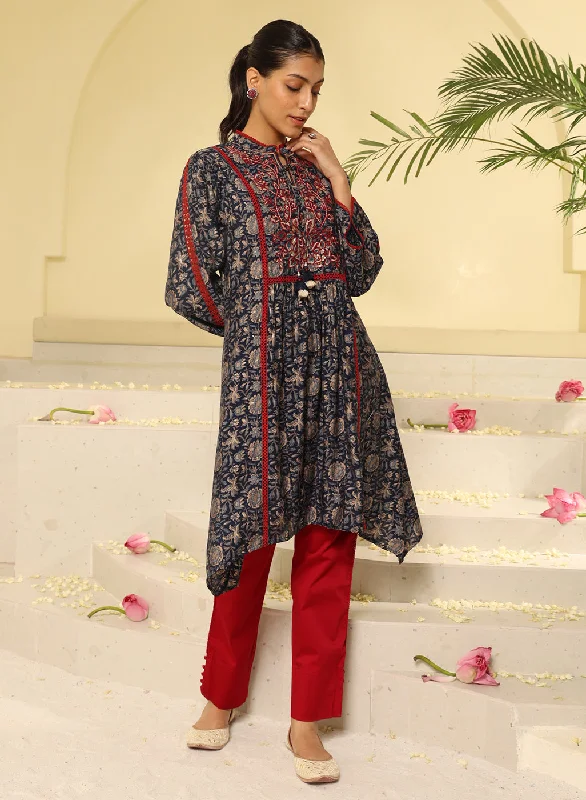 Navy Blue Printed Kurta