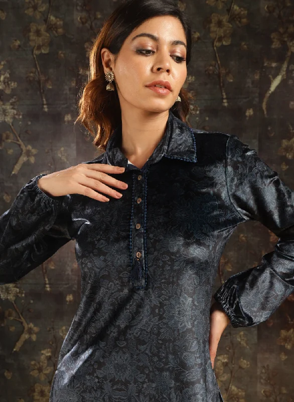 Navy Blue Printed Velvet Kurti for Women with Classic Collar and Button Detailing