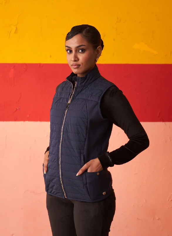 Navy Blue Sleeveless High-neck Jacket for Women With Pockets