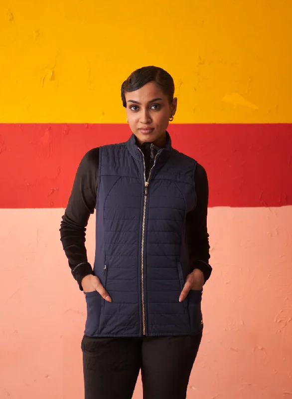 Navy Blue Sleeveless High-neck Jacket for Women With Pockets