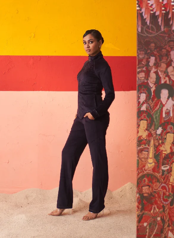 Navy Blue Velvet Track Suit with Stone Work