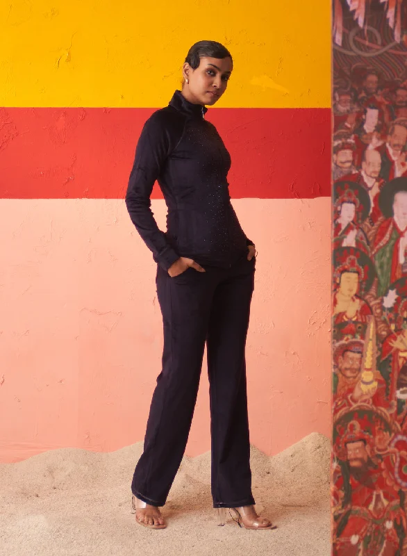 Navy Blue Velvet Track Suit with Stone Work