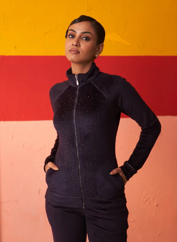 Navy Blue Velvet Track Suit with Stone Work