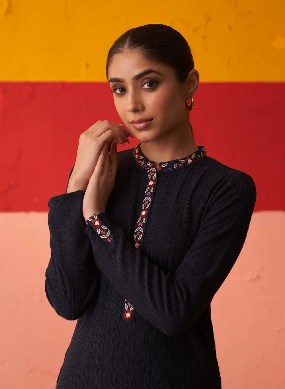 Navy Blue Woollen Kurta for Women with Threadwork