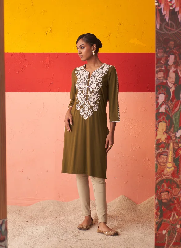 Olive Straight Kurta for Women with Threadwork