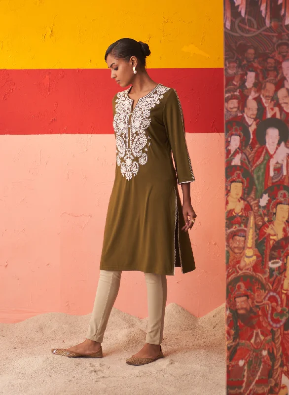 Olive Straight Kurta for Women with Threadwork