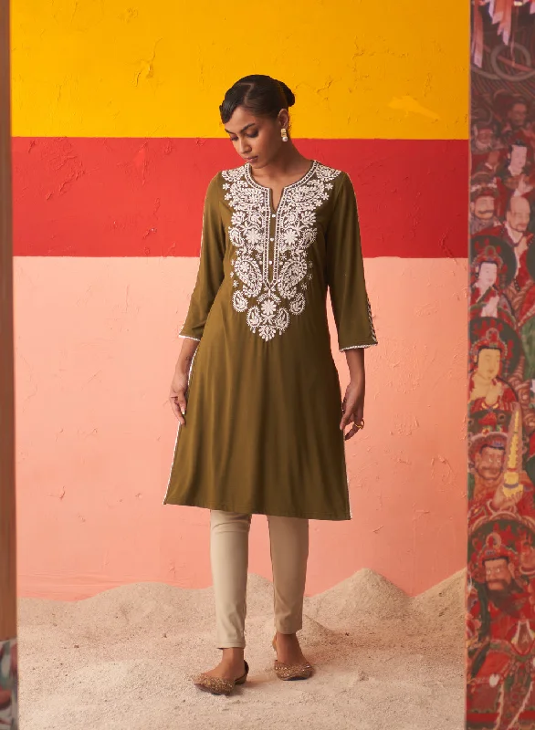 Olive Straight Kurta for Women with Threadwork