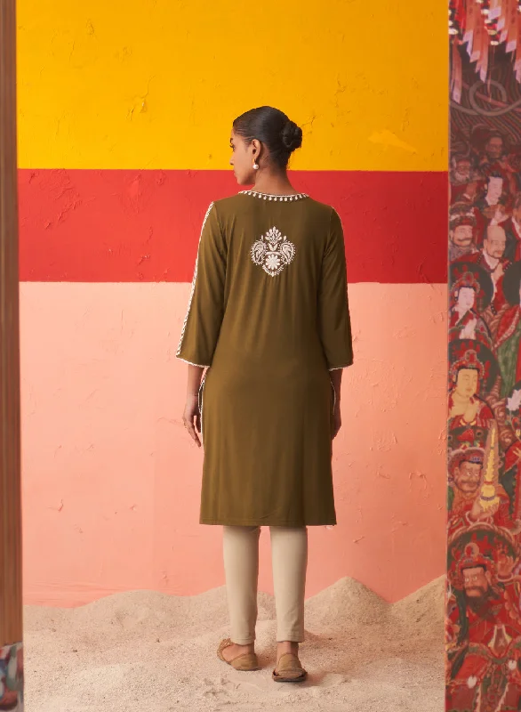 Olive Straight Kurta for Women with Threadwork