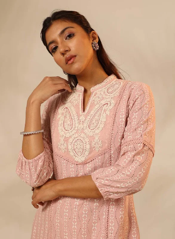 Peach Raschel Net Embroidered Kurti for Women