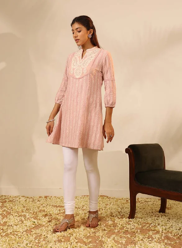 Peach Raschel Net Embroidered Kurti for Women