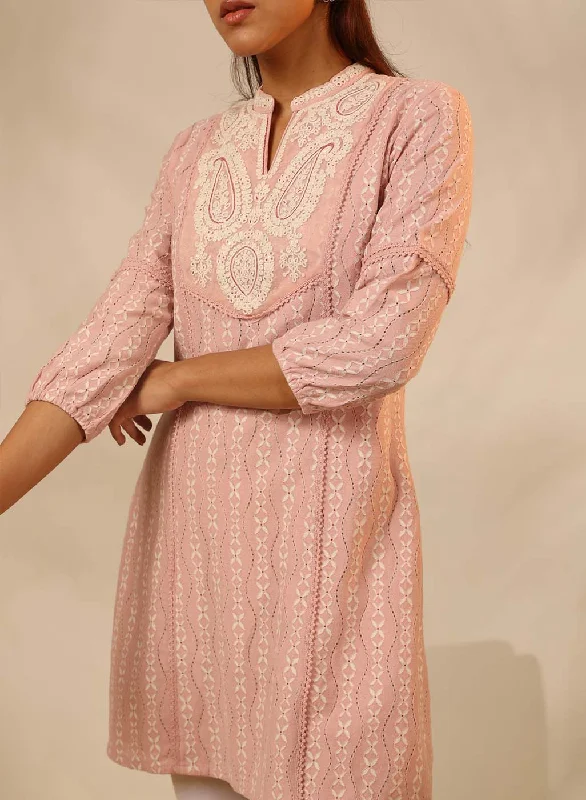 Peach Raschel Net Embroidered Kurti for Women