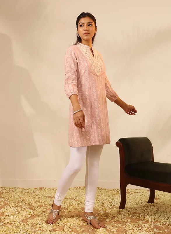 Peach Raschel Net Embroidered Kurti for Women