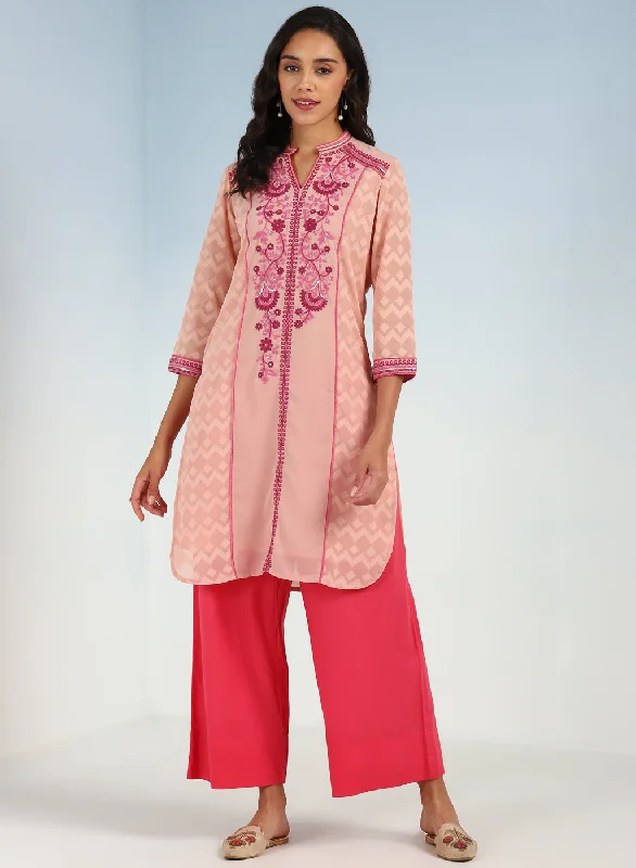 Pink Embroidery Knee Length Kurti