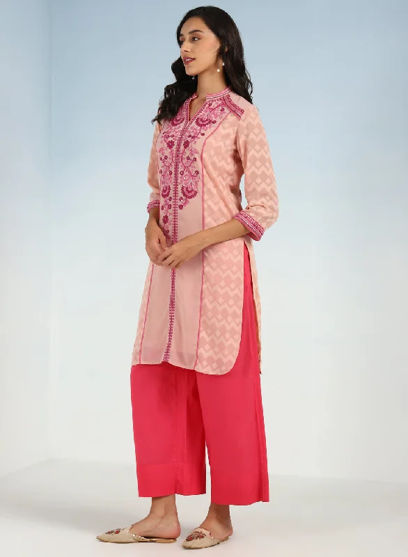 Pink Embroidery Knee Length Kurti