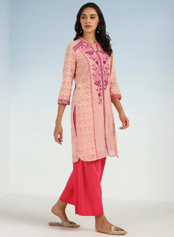 Pink Embroidery Knee Length Kurti