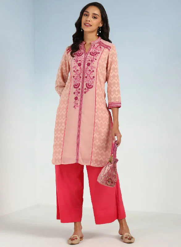 Pink Embroidery Knee Length Kurti