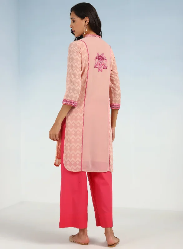 Pink Embroidery Knee Length Kurti