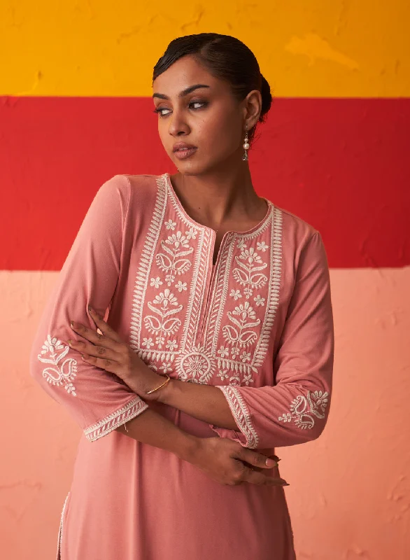 Pink Kurta for Women with Threadwork and Lace Detailing