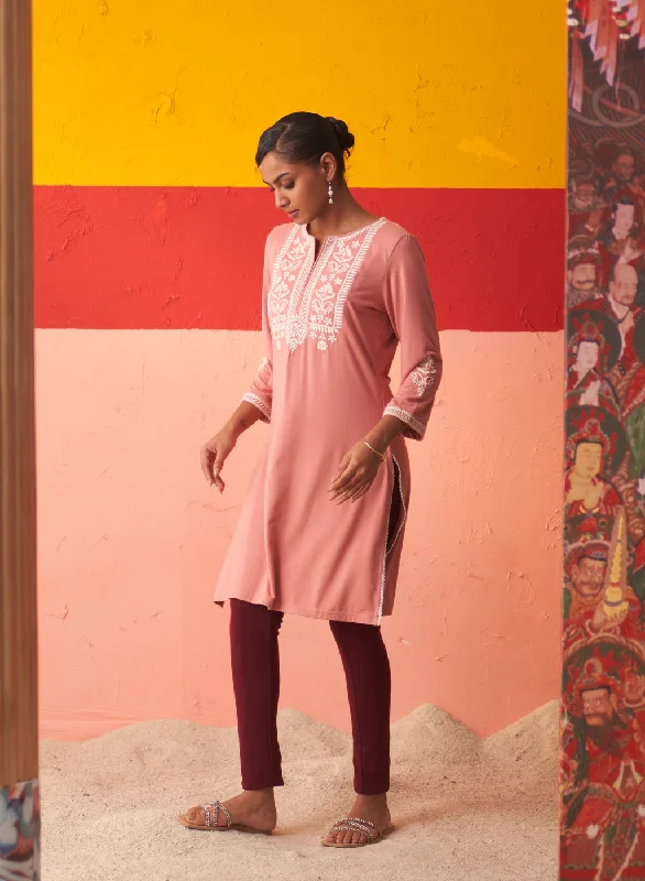 Pink Kurta for Women with Threadwork and Lace Detailing