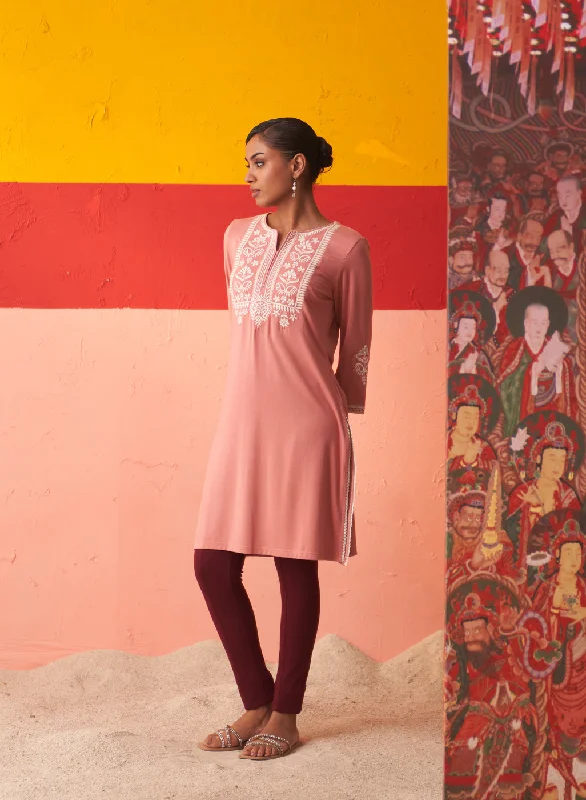 Pink Kurta for Women with Threadwork and Lace Detailing