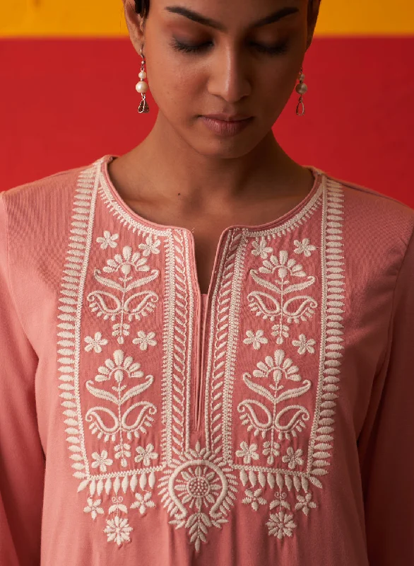 Pink Kurta for Women with Threadwork and Lace Detailing