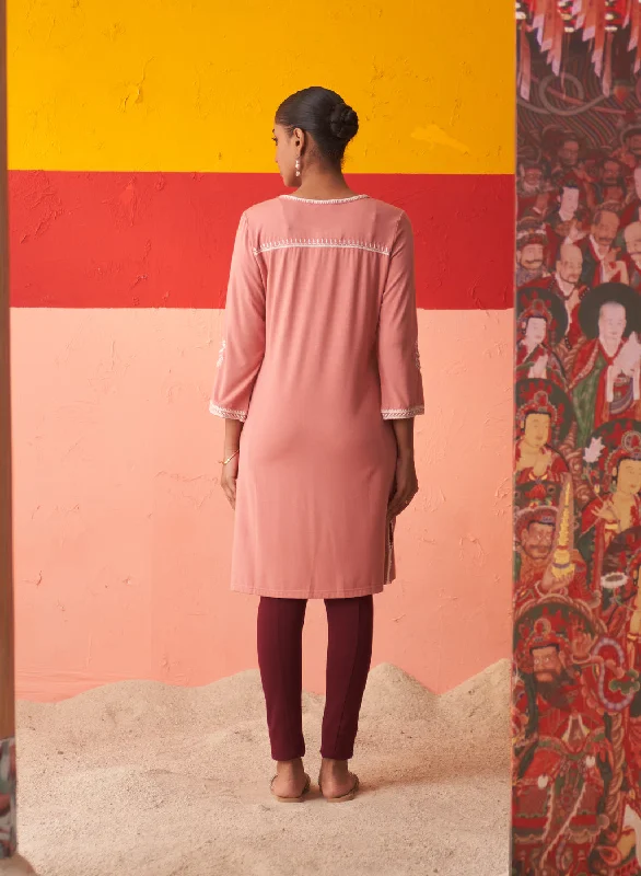 Pink Kurta for Women with Threadwork and Lace Detailing