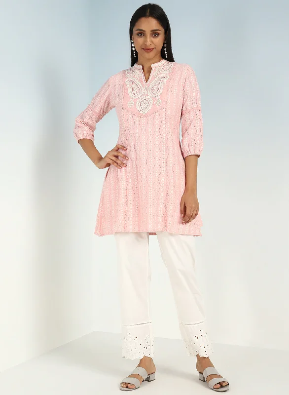 Pink Raschel Net Embroidered Kurti for Women