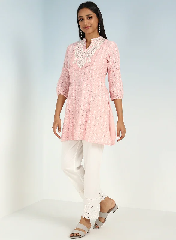 Pink Raschel Net Embroidered Kurti for Women