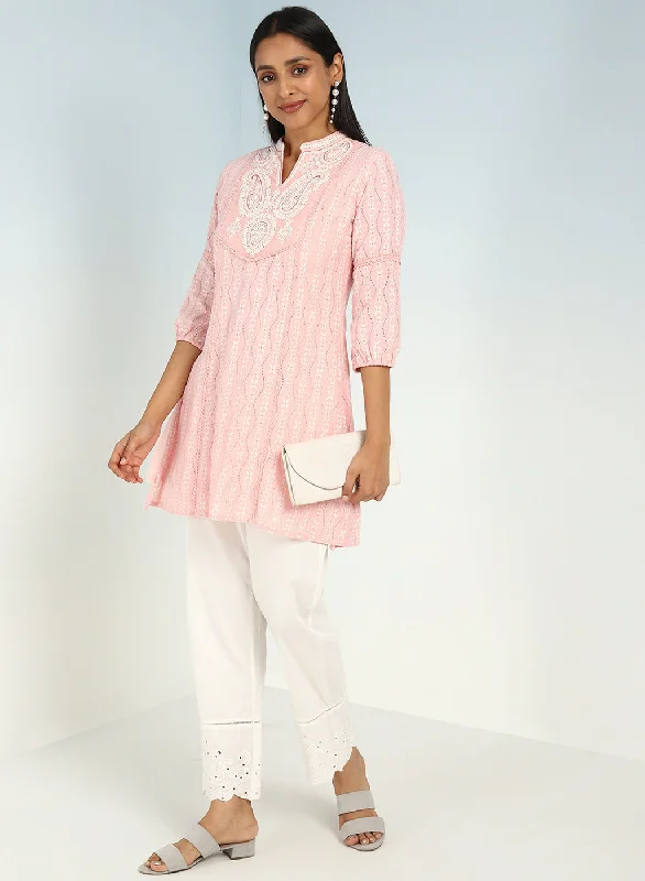 Pink Raschel Net Embroidered Kurti for Women