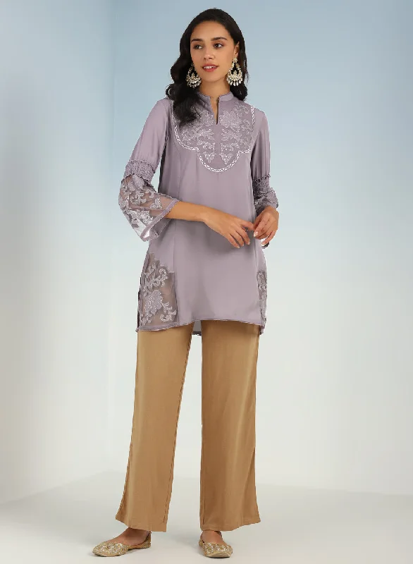 Purple Embroidered Tunic for Women with Lace Inserts