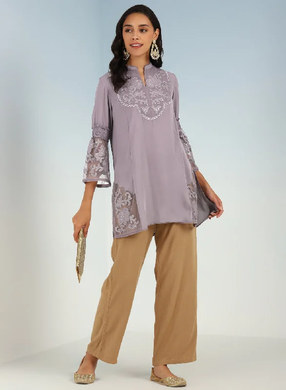 Purple Embroidered Tunic for Women with Lace Inserts