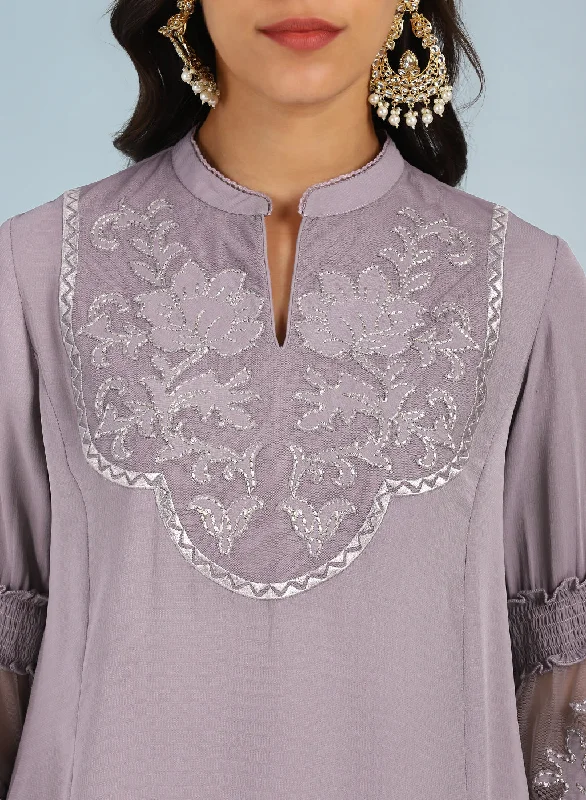 Purple Embroidered Tunic for Women with Lace Inserts