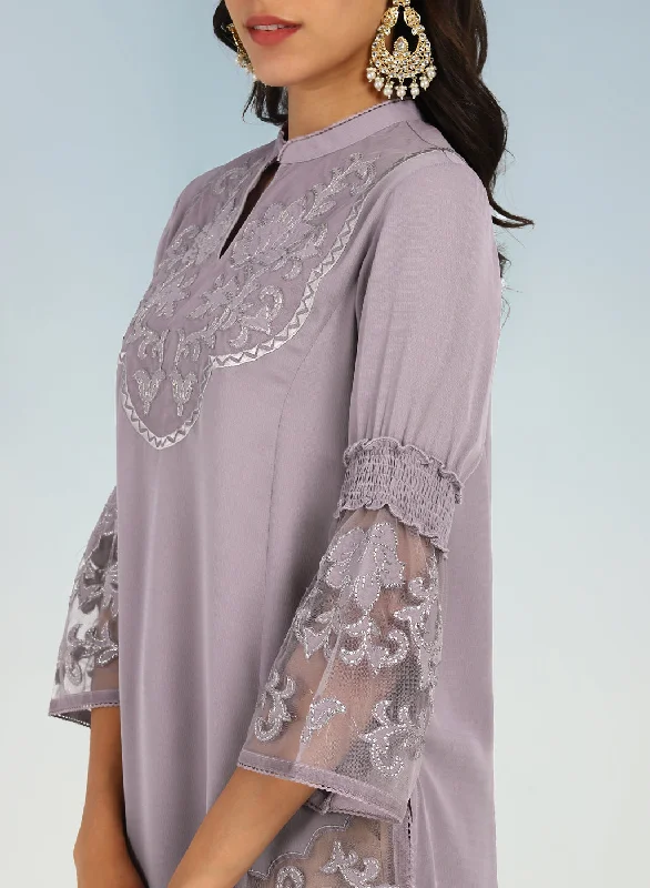 Purple Embroidered Tunic for Women with Lace Inserts