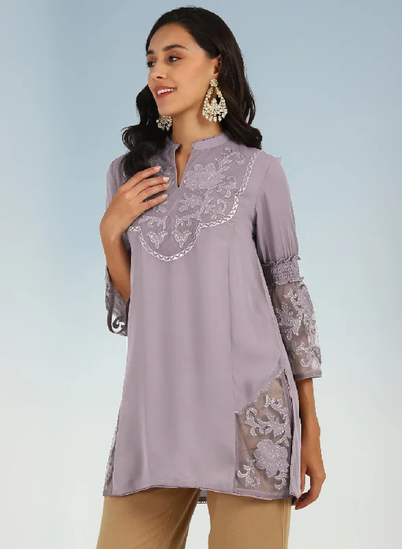 Purple Embroidered Tunic for Women with Lace Inserts