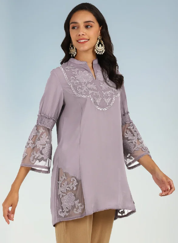 Purple Embroidered Tunic for Women with Lace Inserts