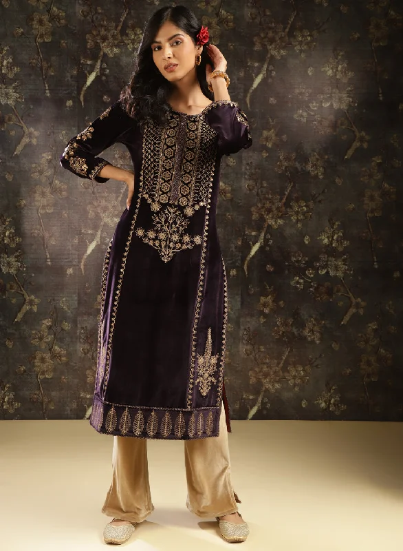 Purple Heavily Embroidered Party-wear Velvet Kurta