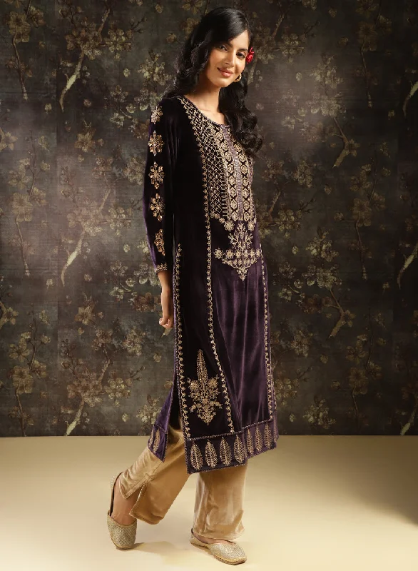 Purple Heavily Embroidered Party-wear Velvet Kurta